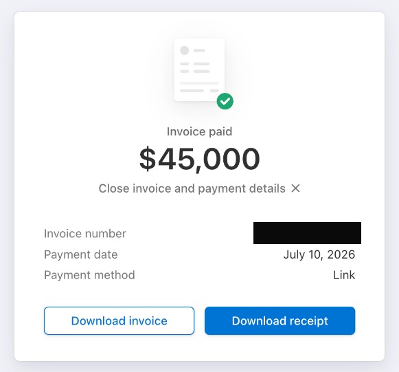 Invoice marked paid: $45,000, payment date July 10, 2026